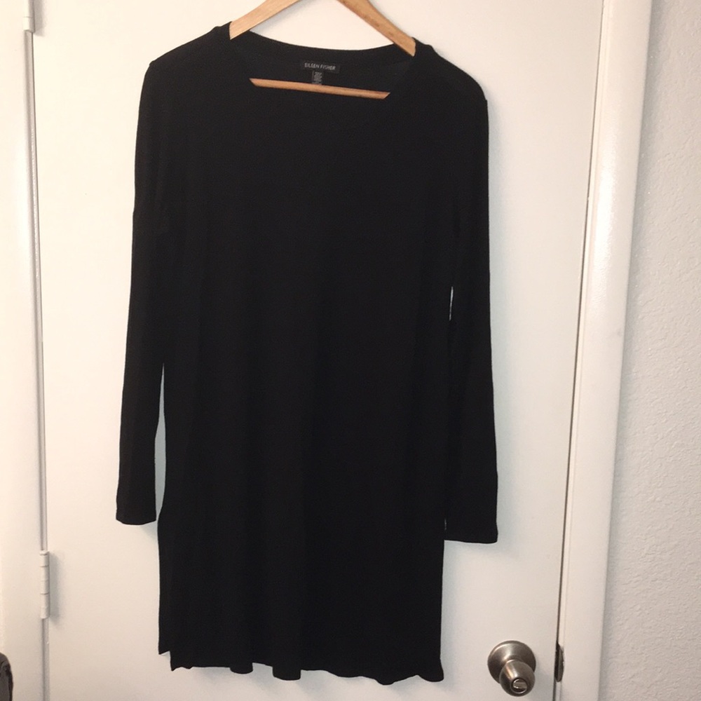 Eileen Fisher Black Long Sleeved Tunic Dress Small Cotton with Side Slits